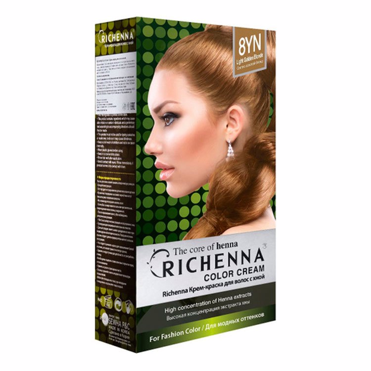 RICHENNA COLOR CREAM (HENNA) 8YN #LIGHT GOLDEN BLONDE (60ml+60ml), Крем-краска для волос с хной #Светлый золотистый блондин (60мл+60мл)