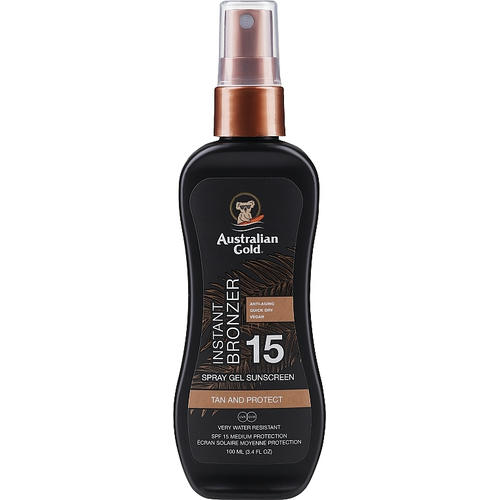 Australian Gold Spray Gel Sunscreen with Instant Bronzer SPF 15 PA +++, Спрей-гель для загара с бронзатором