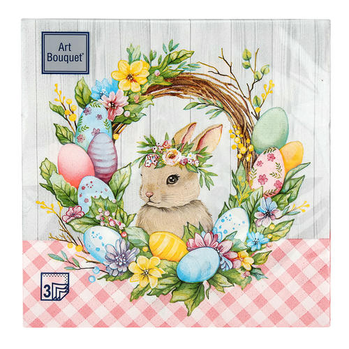 Салфетки бумажные декоративные 33*33 3сл 20л Art Bouquet "Пасхальный венок с кроликом" — изображение 2