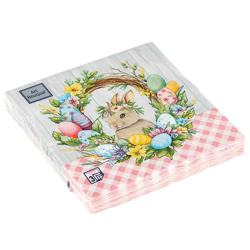 Салфетки бумажные декоративные 33*33 3сл 20л Art Bouquet "Пасхальный венок с кроликом"
