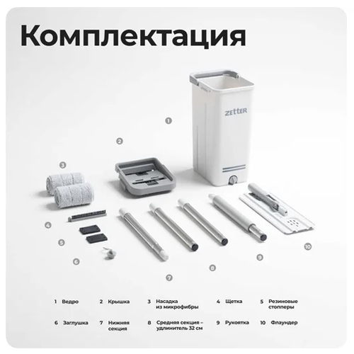Швабра с отжимом + ведро + 2 насадки ZETTER premium, белое — изображение 2