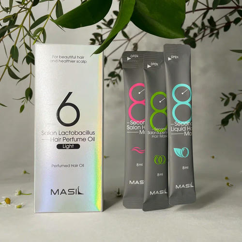 MASIL, НАБОР ПАРФЮМЕРНОЕ МАСЛО ДЛЯ ВОЛОС 6 SALON LACTOBACILLUS HAIR PERFUME OIL(LIGHT), 66 МЛ И НАБОР МАСОК ДЛЯ ВОЛОС, 8 МЛ