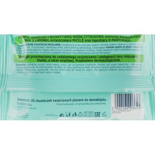 Bielenda Fresh Juice Micelar Make-up Removing Wipes - Влажные салфетки для снятия макияжа "Лайм", 20шт — изображение 2