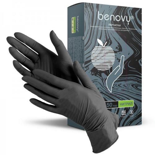 Перчатки нитрил Benovy M черные, 50 пар