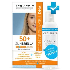 Дермедик Набор для чувствительной кожи Солнцезащитный крем SPF 50+ 50 г и Мицеллярная вода Гидреин 3 Гиалуро Hialuro Micellar Water H20 100 мл (Dermedic, Sunbrella)