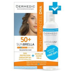 Дермедик Набор для сухой и нормальной кожи: солнцезащитный крем SPF 50+ 50 г и Мицеллярная вода Гидреин 3 Гиалуро Hialuro Micellar Water H20 100 мл (Dermedic, Sunbrella)