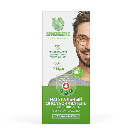 Ополаскиватель для полости рта Synergetic Активная защита, лайм и мята, без фтора, 200мл — изображение 2