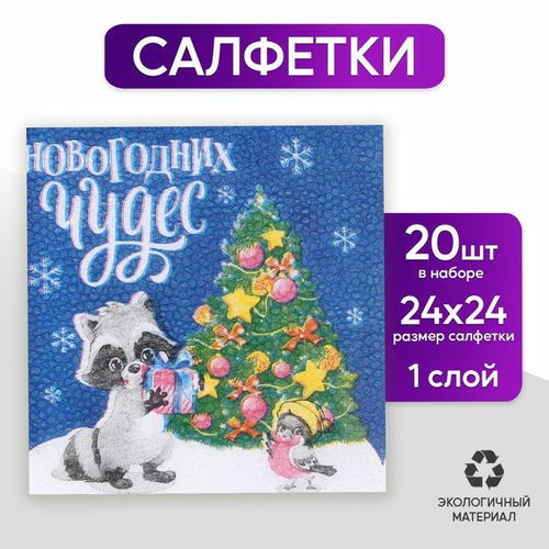 Салфетки бумажные «Новогодних чудес», однослойные, 24х24 см, набор 20 шт