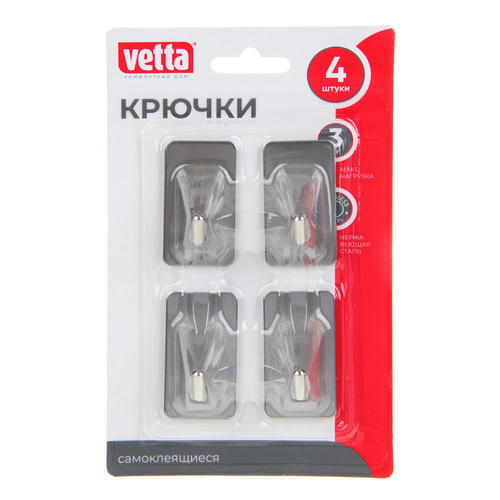 VETTA Крючки самоклеящиеся, 4 шт, нерж. сталь