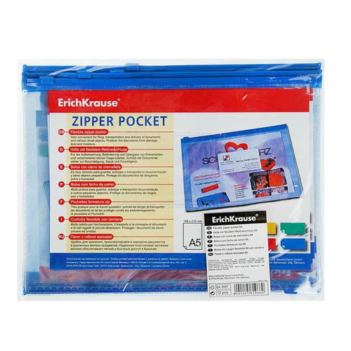 Папка-конверт на ZIP-молнии А5, 140 мкм, ErichKrause PVC Zip Pocket, до 100 листов, прозрачная, микс - 12 шт. — изображение 2