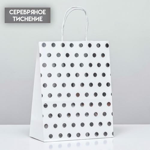 Пакет крафт с серебряным тиснением, круглая ручка, белый, 27 х 21 х 11 см, 120 г - 12 шт.