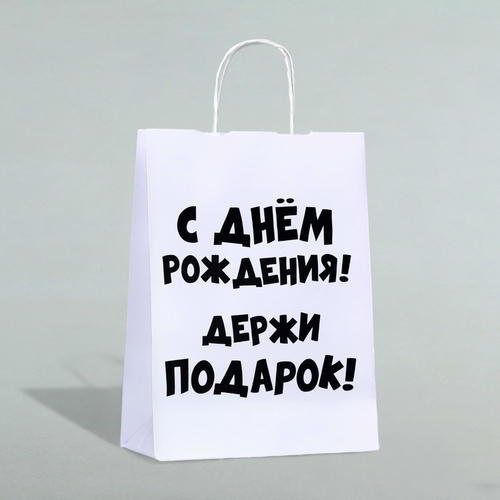 Пакет подарочный с приколами, крафт «Держи подарок», белый, 24 х 14 х 28 см - 1 шт.